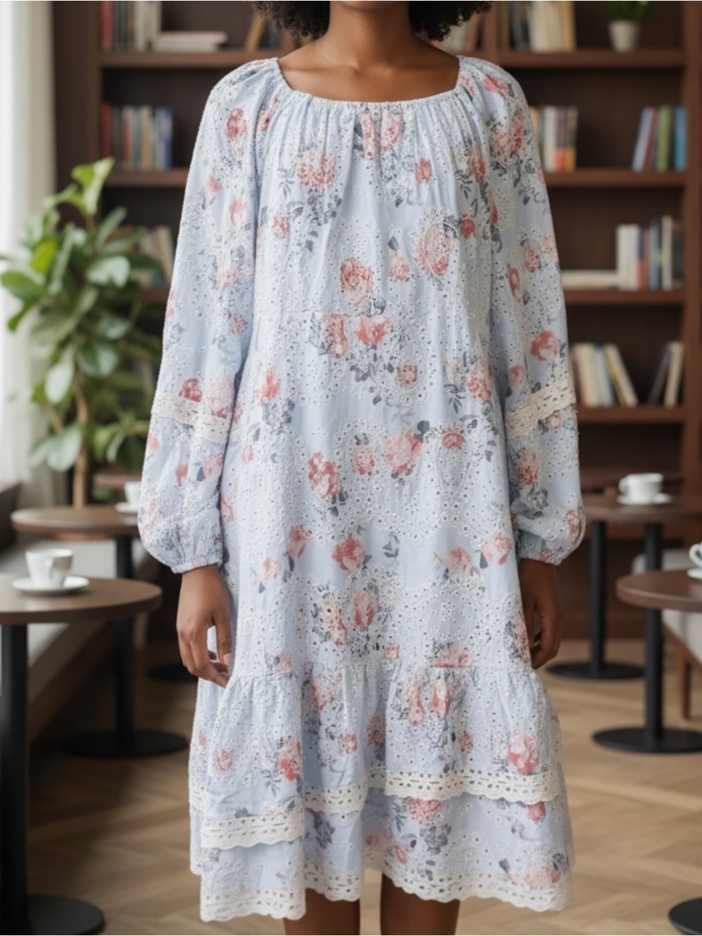 NWT JeesaKae Eyelet Rose Print Drop Waist Long Sleeve Midi Blue SZ 2 XL